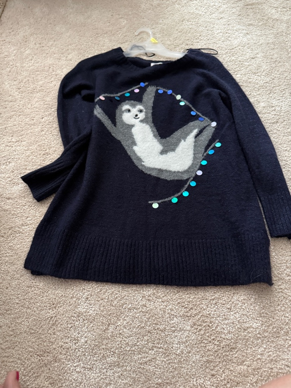 LC Lauren Conrad Navy Crewneck Sweater with Sloth Motif and Blue Sequin Accents